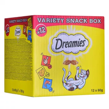 Kassimaiused Dreamies Juust, Kana, Lõhe assortii 12×60 g — lihased tahked snäkid, Valk 31%, Rasv 21%