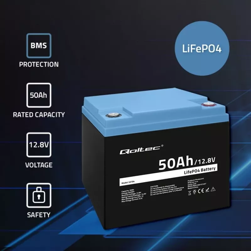 LiFePO4 aku QOLTEC 12,8 V 50 Ah (mudel 53704) varutoiteks ja energia salvestamiseks