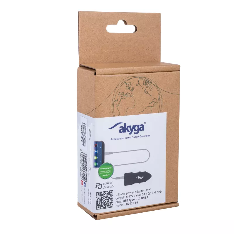 Autolaadija 12/24V Akyga AK-CH-16 36W USB-A + USB-C PD Quick Charge 3.0 5-12V / 1.5-3A must
