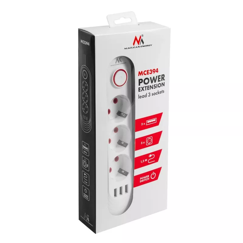 Pikendusjuhe MACLEAN MCE394W — 3 pistikupesa, 3×USB 2,1 A, 110–240 V AC, 2500 W, 1,5 m kaabel, valge