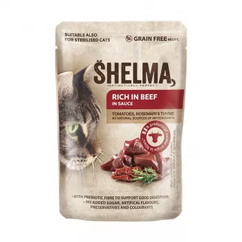 SHELMA kalkuni, pardi, kana ja veiselihaga kastmes – märg kassitoit – 12x85g