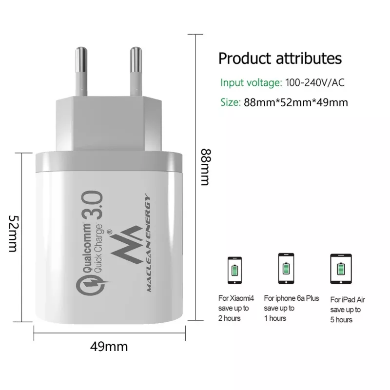 Seinalaadija MACLEAN MCE479W — 3-pordiline USB-kiirlaadija, koguvõimsus 18 W