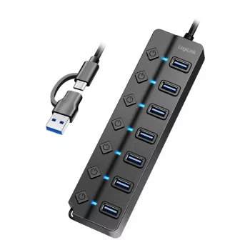 USB 3.2 Gen1 jaotur, 7 porti sisse/välja lülitiga, must