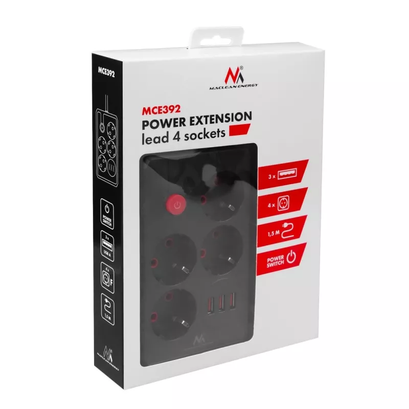 Pistikupesadega pikendusjuhe MACLEAN MCE392 B — 4 pistikupesa, 3×USB, 110–240V, 2,1A, 2500W, 1,5 m kaabel, must