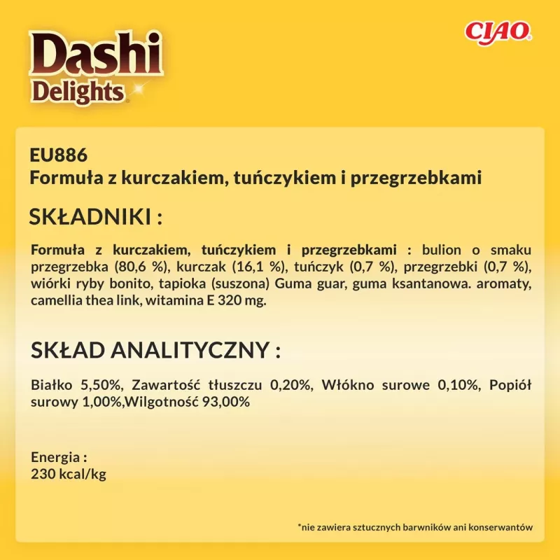 Märg kassimaius INABA Dashi Delights — kana tuunikala ja kammkarbiga, 40 g kotike, 93% niiskust, 5,5% valku