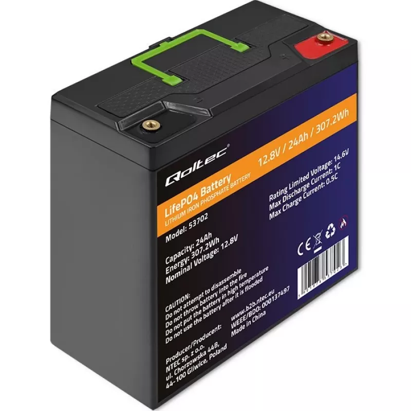 Qoltec 53702 LiFePO4 liitiumraudfosfaataku | 12,8V | 24Ah | 307,2Wh | BMS