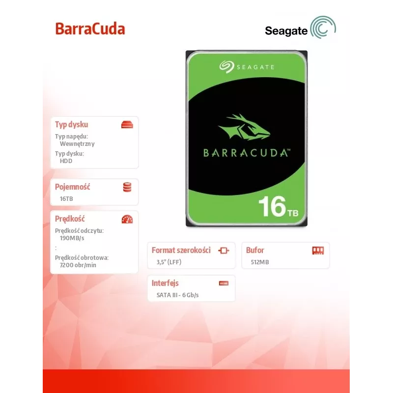 Seagate Barracuda 16 TB sisemine kõvaketas 7200 RPM 512 MB 3.5-tolline Serial ATA