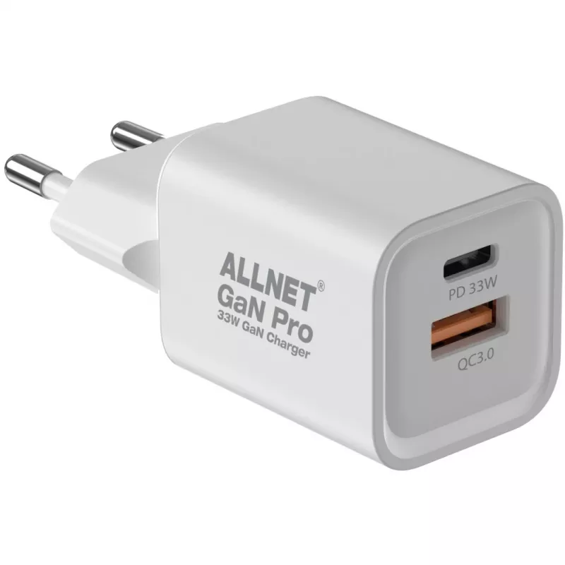 ALLNET toiteadapter PSU-GaNPD-USB-1A1C-33W — 33W USB-C PD ja USB-A QC laadija, EU pistik