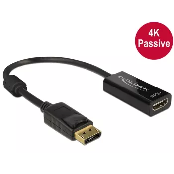 DeLOCK - video-/helikaablite adapter - DisplayPort / HDMI - DisplayPort (M) - HDMI, 19-kontaktiline (W) - 20 cm - (DisplayPort 1.2) - must (62609)
