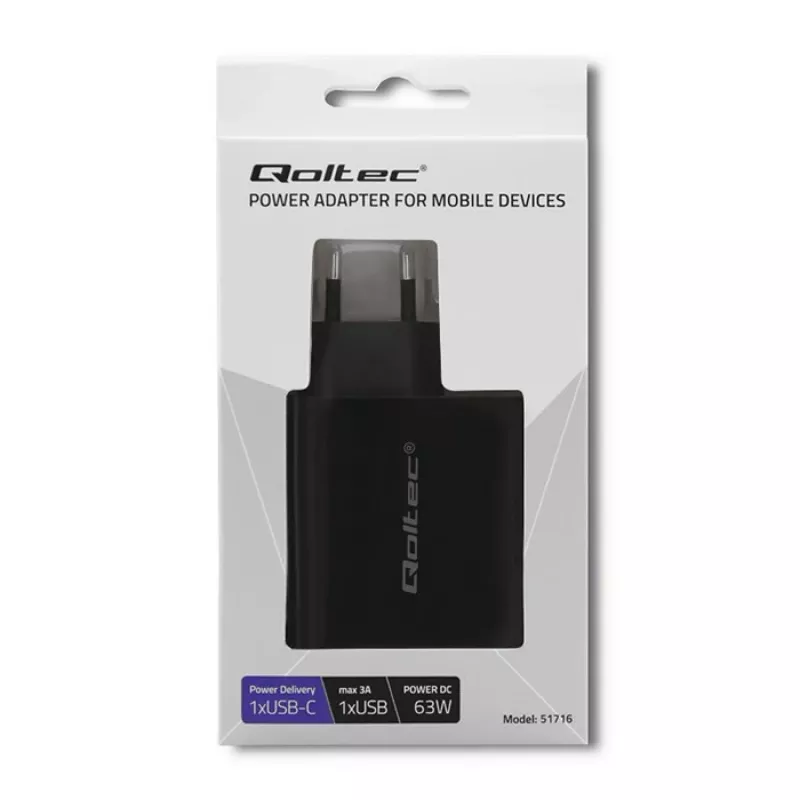 Toiteadapter QOLTEC 51716 — vahelduvvool 220–240 V kuni 20 V 3 A (63 W), must, siseruumides kasutatav universaalne laadija