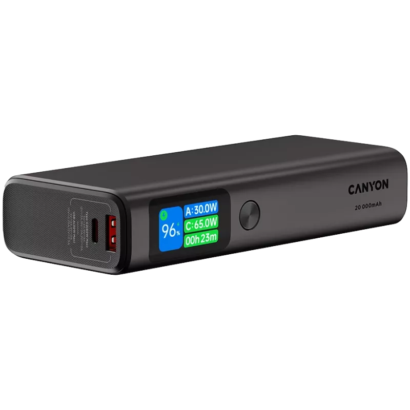 Canyon OnPower 230 TFT akupank, 20000 mAh, PD 130 W, 2x USB-C + USB-A, metallkorpus, tumehall