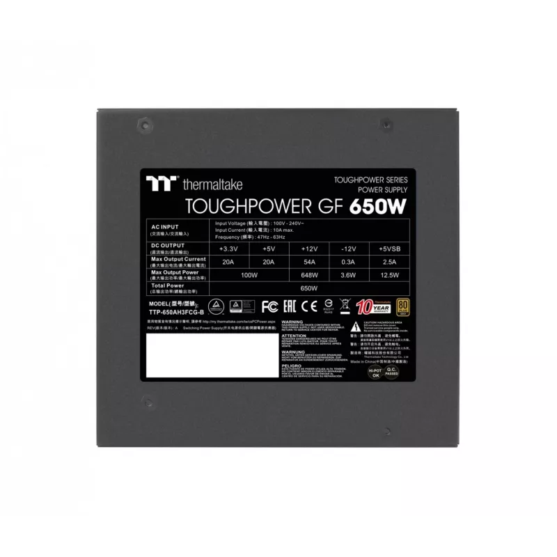 Toiteplokk THERMALTAKE Toughpower ATX 650W Gold, 80 PLUS Gold, 650 W, ATX, 90 mm ventilaator, 20+4 pin, 1x PCIe (6+2), 3x SATA, 2x Molex