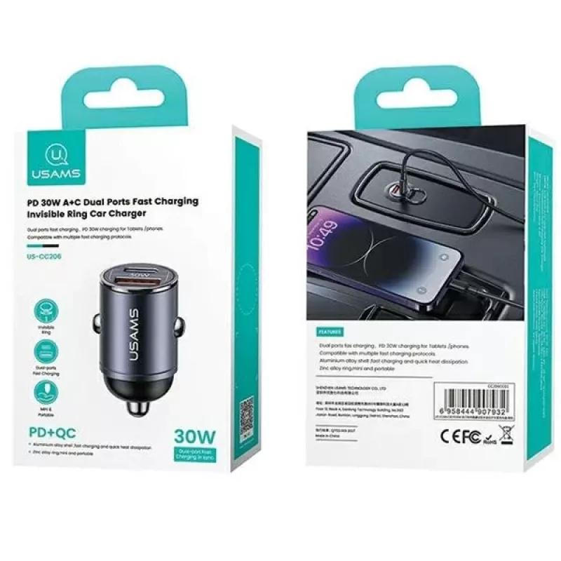 Autolaadija usams C38 30W — 1x USB-A + 1x USB-C kiirlaadimine