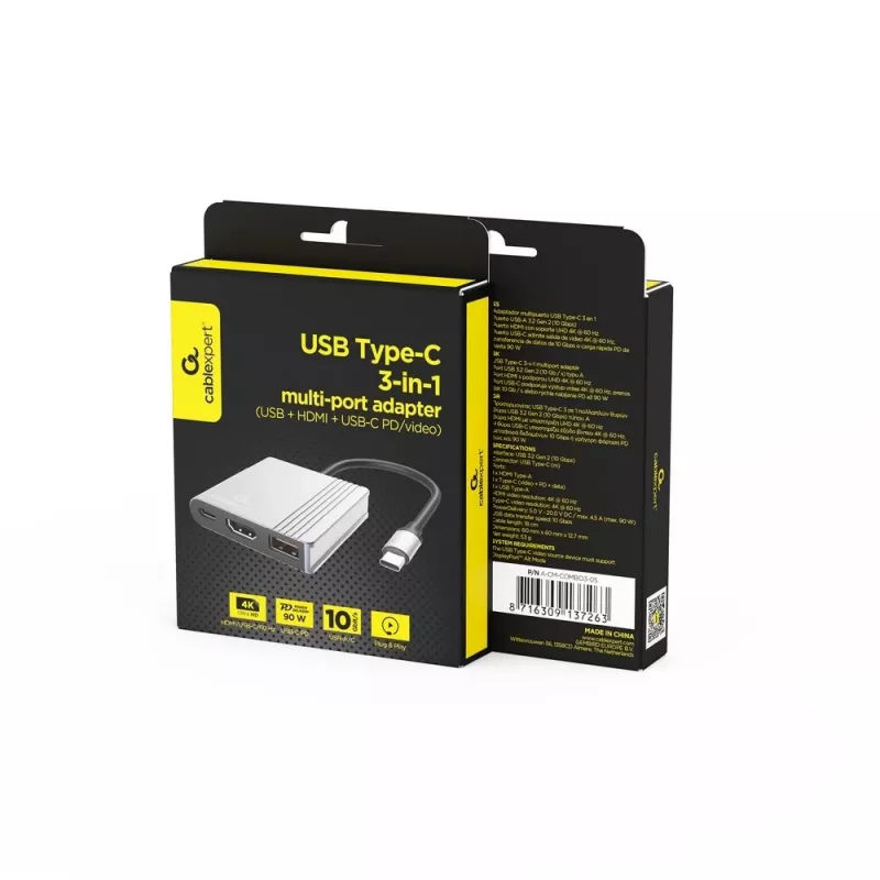 USB-C 3-in-1 multipordiadapter (USB-port + HDMI + USB-C video), tumehall<br>A-CM-COMBO3-05