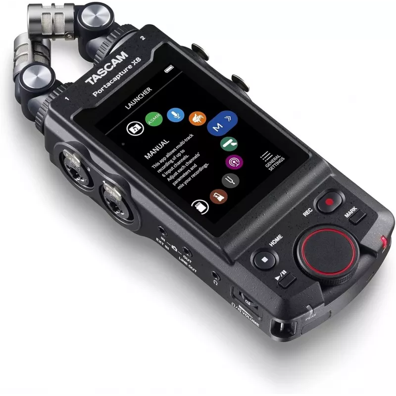 Kaasaskantav mitme rajaga helisalvesti Tascam Portacapture X8 — 6 kanalit, 24/32-bitine, kuni 96 kHz, 4 XLR/TRS kombosisendit, SD-kaart, USB-C, aku või võrgutoide
