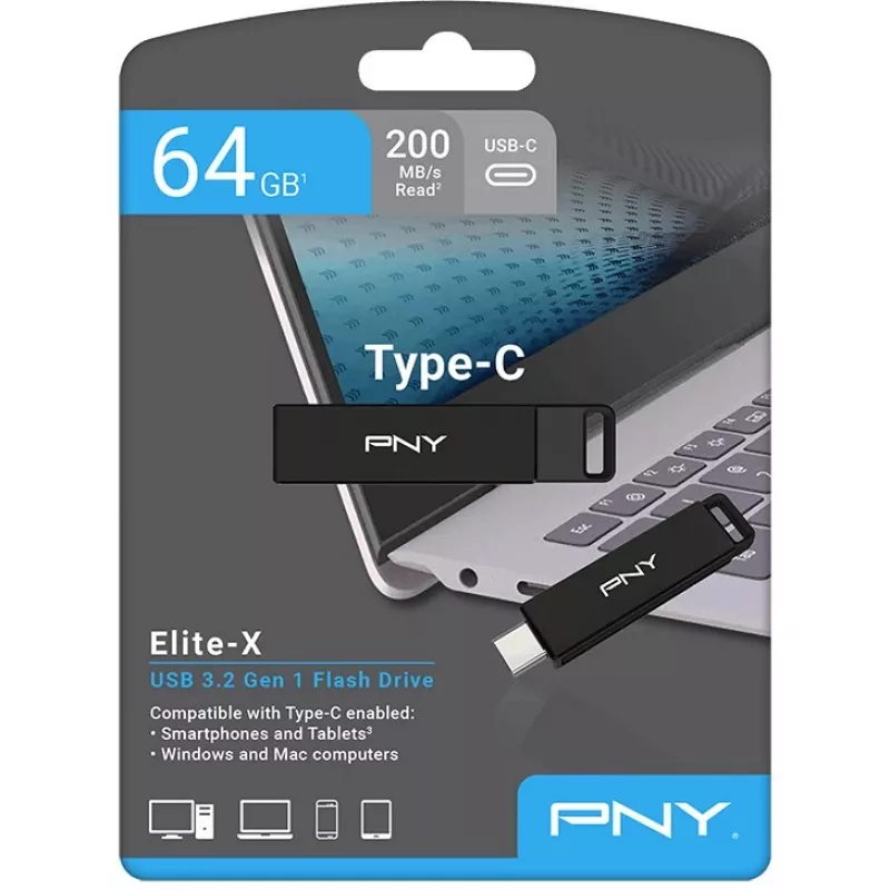 PNY Elite-X USB-mälupulk 64 GB USB Type-C 3.2 Gen 1 (3.1 Gen 1) Must (P-FDI64GELTXC-GE)