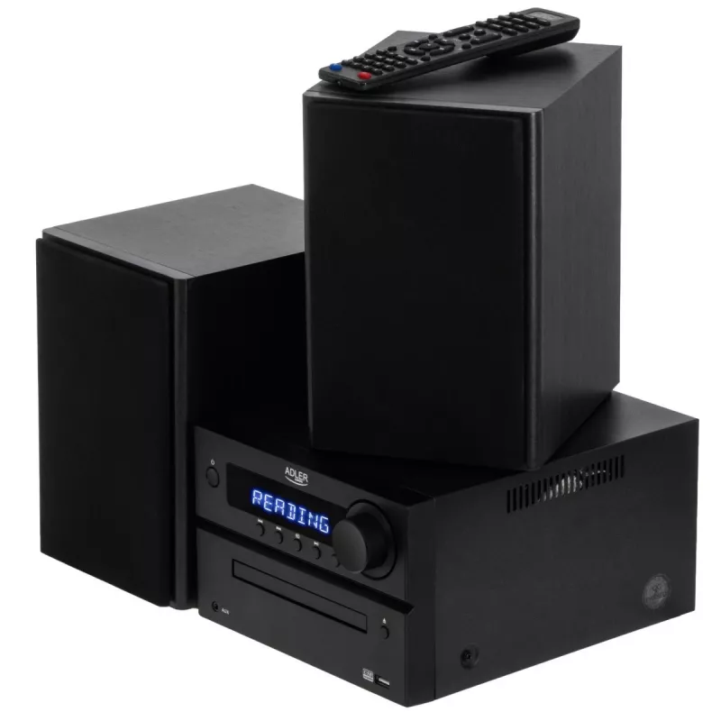 Mini Hi‑Fi stereosüsteem Adler AD 1917 — Bluetooth V5.3, CD/USB/MP3, 2×25W RMS, FM-tuuner, 4‑ribaline ekvalaiser, AUX, must