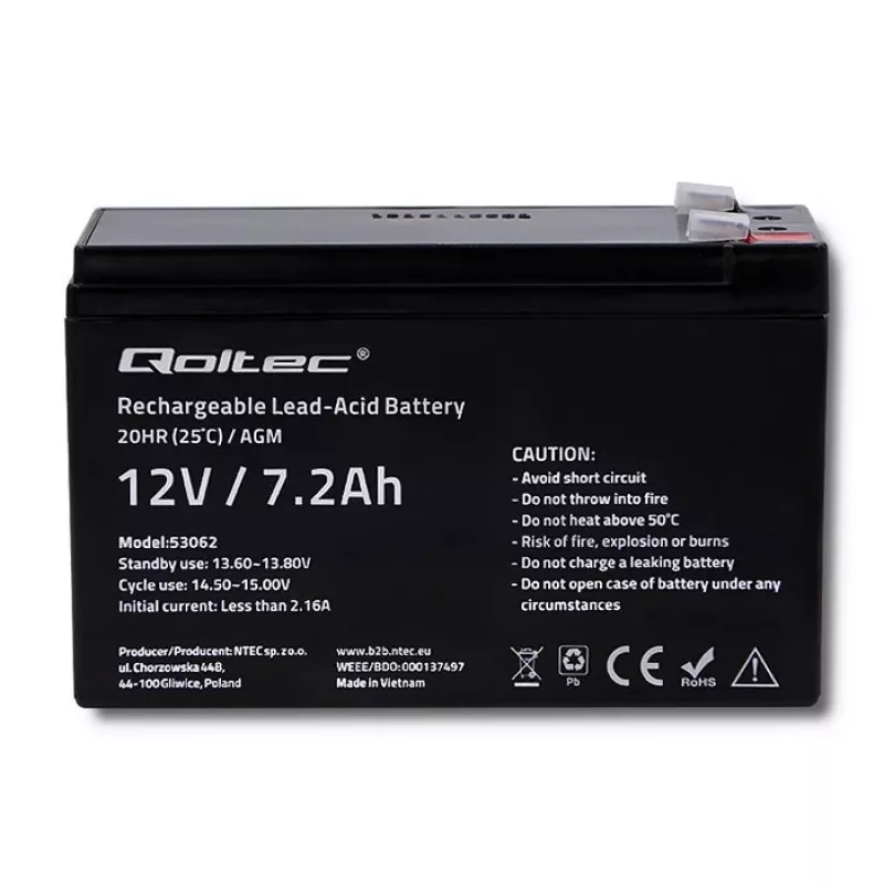 Qoltec 53062 AGM aku | 12V | 7,2 Ah | max 108A