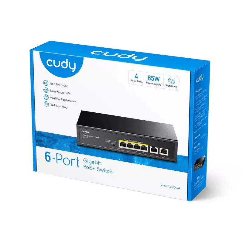 Võrgukommutaator Cudy GS1006P haldamata Gigabit Ethernet 6-pordi PoE, 12 Gbit/s, 2048 MAC, must