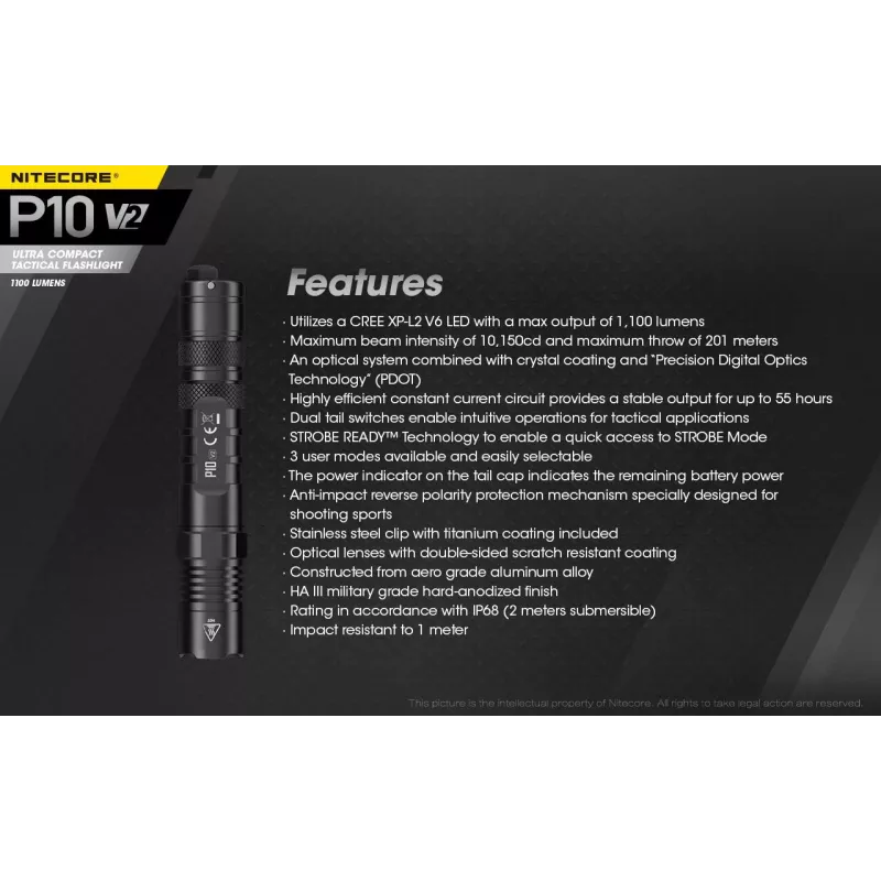Taktikaline taskulamp Nitecore P10 V2 — 1000 lm, IP68 veekindel, põrutuskindel, 95 g, 18650/CR123 ühilduv