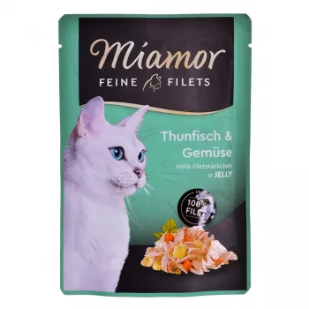 Märg kassitoit Miamor Fine Fillets in Jelly 100 g — kala porgandiga, täiskasvanud kassidele, kotike