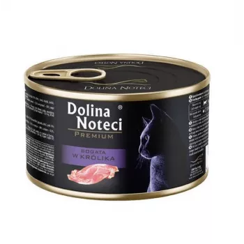 Märg kassitoit Dolina Noteci Premium rikas küülikuga 185 g — täiskasvanud kassidele mõeldud täisväärtuslik märgtoit, valku 10%, rasva 6%, niiskust 80%