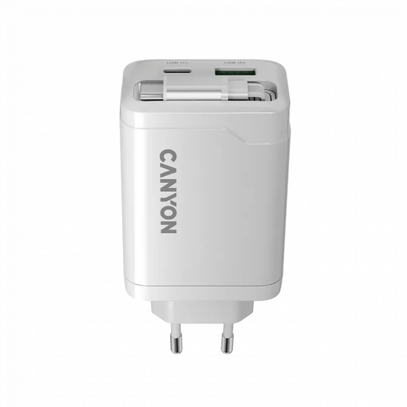 CANYON laadija OnCharge 65RC sisseehitatud USB-C kaabliga 65W, 1x PD, 1x QC, EL pistik, valge