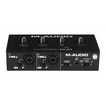 M-Audio M-Track Duo heliliides — USB 2 sisse/2 välja, 16-bit/48 kHz, 1x XLR/TS kombosisend, 1x instrumendisisend, fantoom 48V