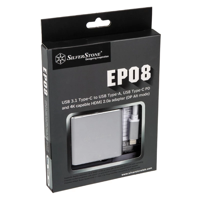 SilverStone SST-EP08C – USB 3.1 USB-C adapter HDMI-le/USB USB-C-le/USB Type-A-le – hõbedane
