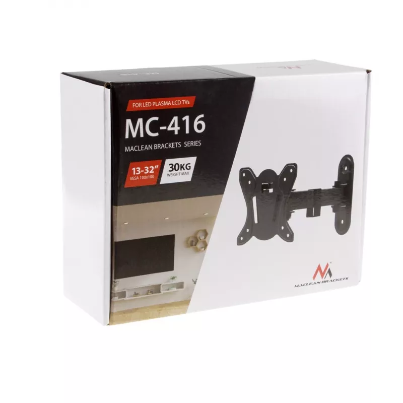 Maclean MC-416 teleri ja monitori seinakinnitus 13-32 30kg kallutatav pööratav max VESA 100x100 must pulbervärvitud LED OLED LCD universaalne kronstein hoidik