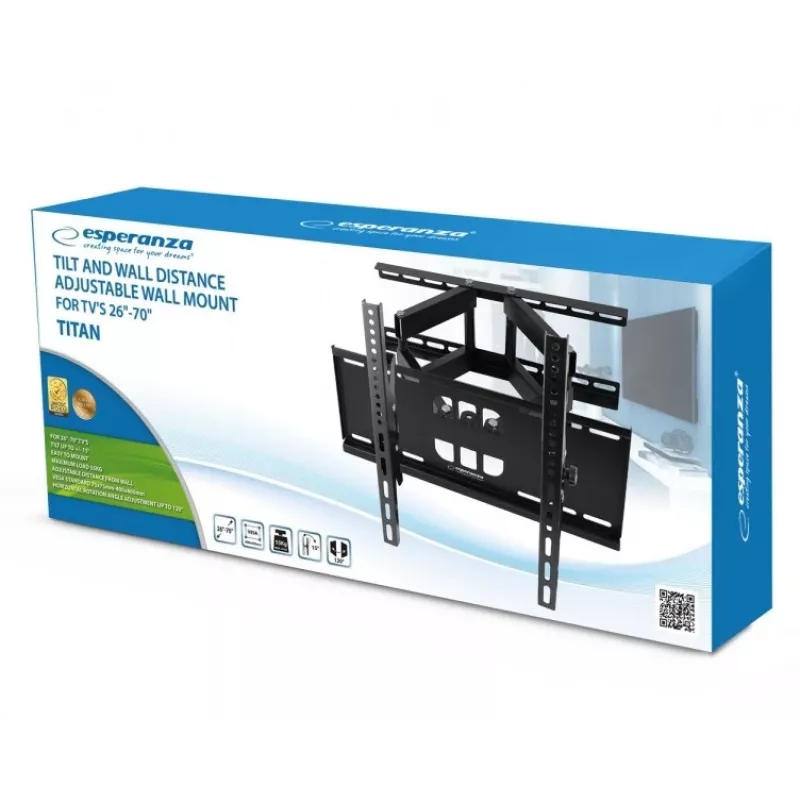 Seinale kinnitatav telerikinnitus Esperanza TITAN 26–70-tollistele (66–177,8 cm), kallutus ±15°, pööramine 120°, VESA kuni 400×400, max koormus 55 kg, must