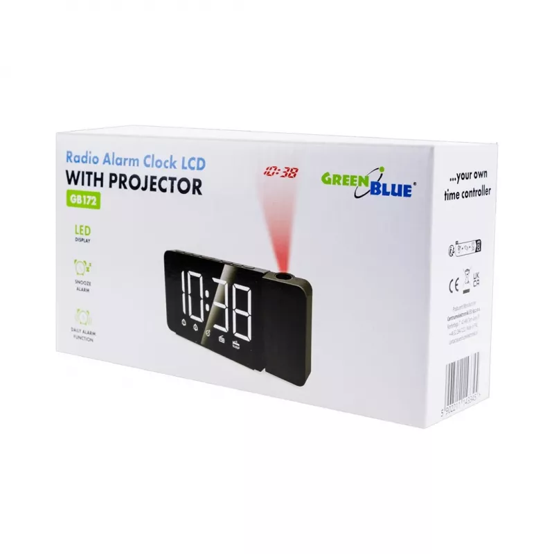 Digitaalne LED-kellraadio GreenBlue GB172 koos FM-tuuneri, projektori, termomeetri, USB 5V ja CR2032 toitega