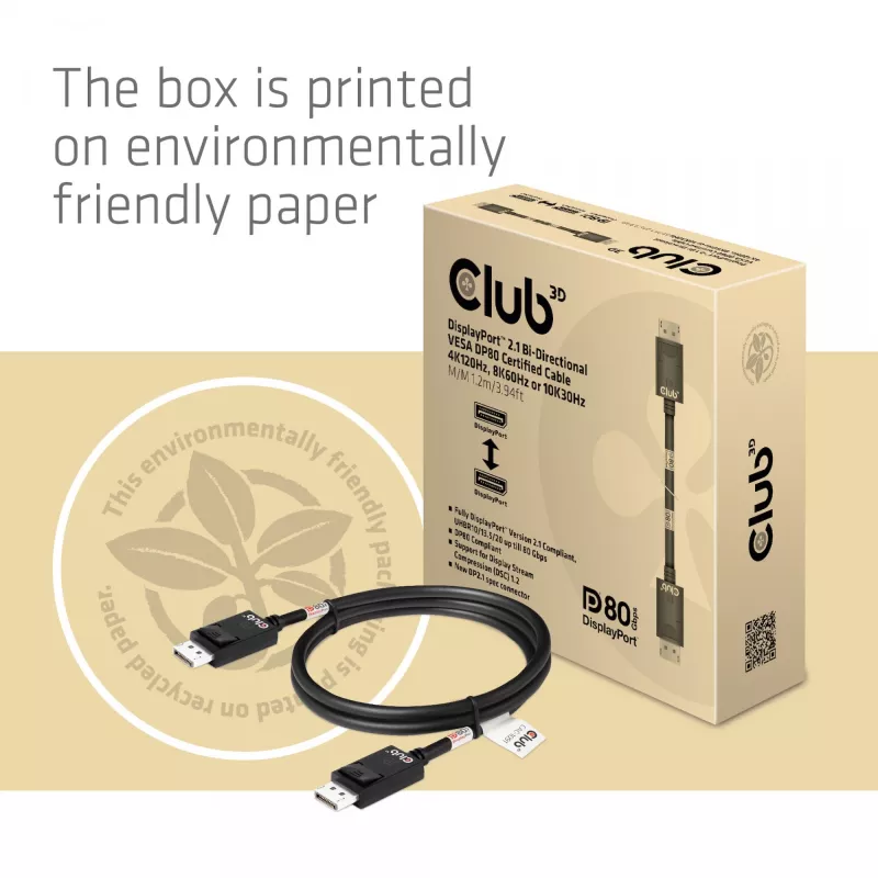 CLUB3D DisplayPort 2.1 Bi-Directional VESA DP80 Certified kaabel 4K240Hz, 8K60Hz or 10K30Hz M/M 1.2m/3.94ft