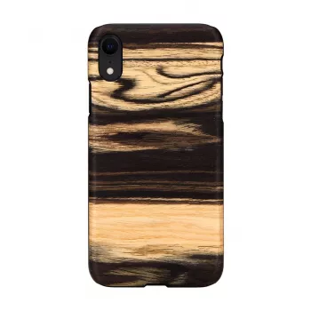 Man and wood telefonikott iPhone XR-ile — valge eebenipuu mustast puidust tagakaas, kaitsev ümbris