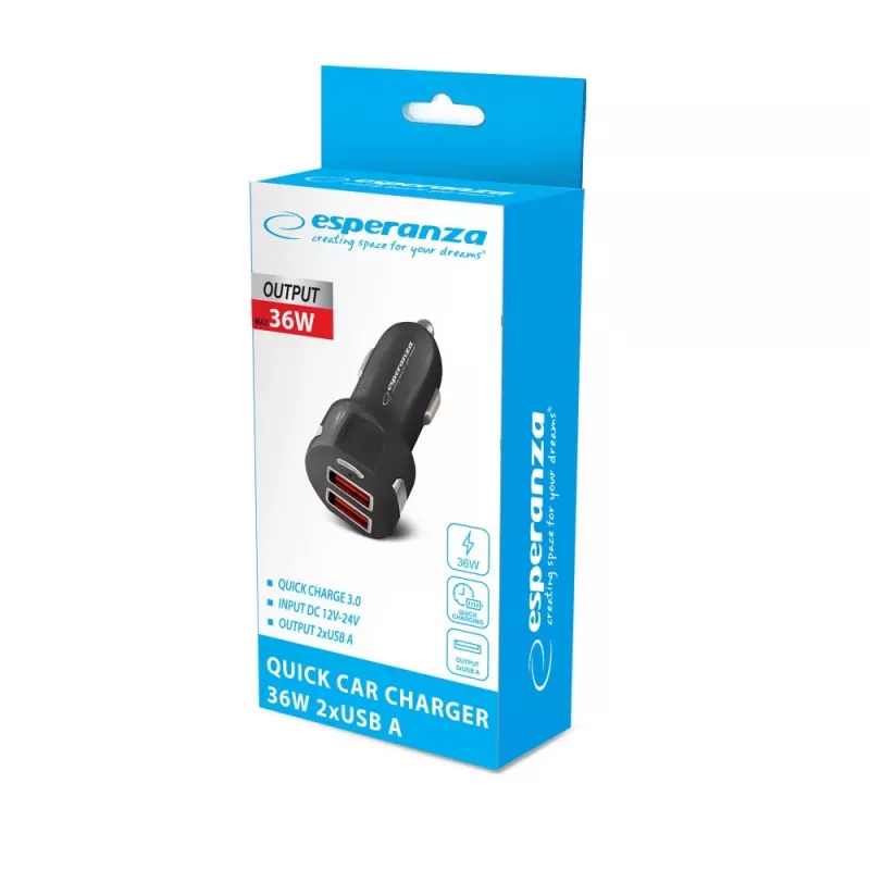 Autolaadija ESPERANZA EZ110 must — 12–24V sisend, 2× USB-A 2,1A, Quick Charge 3.0, 36W