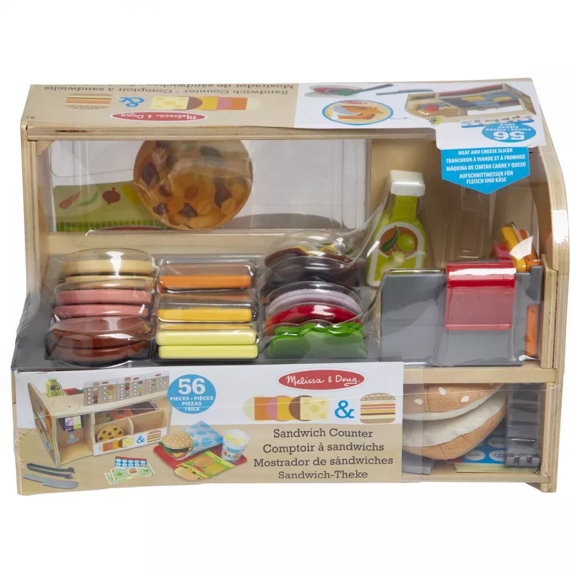 Melissa & Doug puidust lõika ja virna võileivalett delikatessilõikuriga – 56-osaline teesklusmängutoit – FSC-sertifikaadiga
