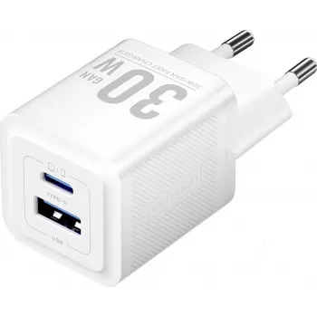Vention 30W - GaN-tehnoloogiaga laadija, 1x USB-A, 1x USB-C (valge)