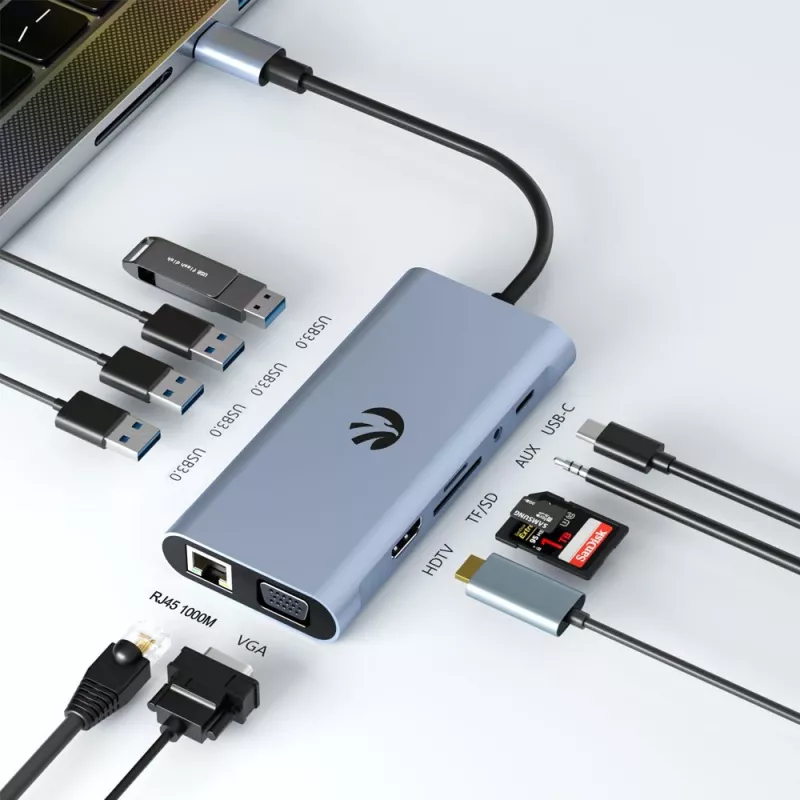 USB-C 11-in-1 adapter Hawk HW-HUB1101 — mitme pordiga jaotur 11 pordiga