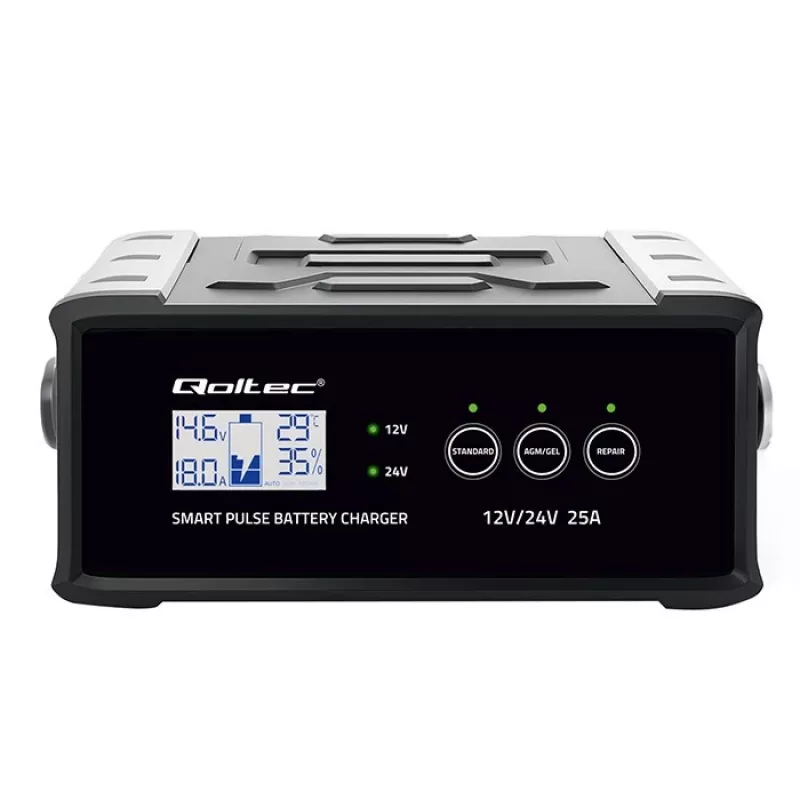 Akulaadija QOLTEC 52514 — 12V/24V, 25A, AGM/GEL/SLA akudele, LCD-ekraaniga