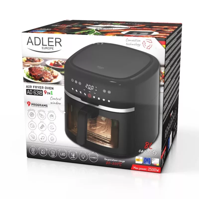 Adler AD 6318 kuumaõhufritüür, 8 l, 2500 W, LCD-ekraan, 9 programmi, must