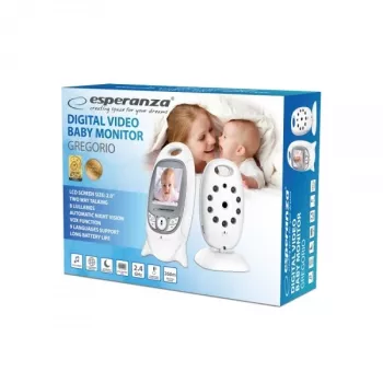 Video beebimonitor ESPERANZA EHM001 — 2-tolline LCD, 320×240 video, öövaatlus 5 m, temperatuuriandur, kuni 260 m ulatus, laetav LiPo 540 mAh