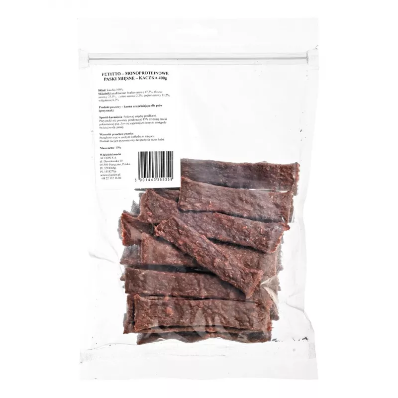 Treat PETITTO Monoprotein Meat Strips Duck 400 g — ühevalguline treeningmaius koertele, valk 47,3%, rasv 23,4%