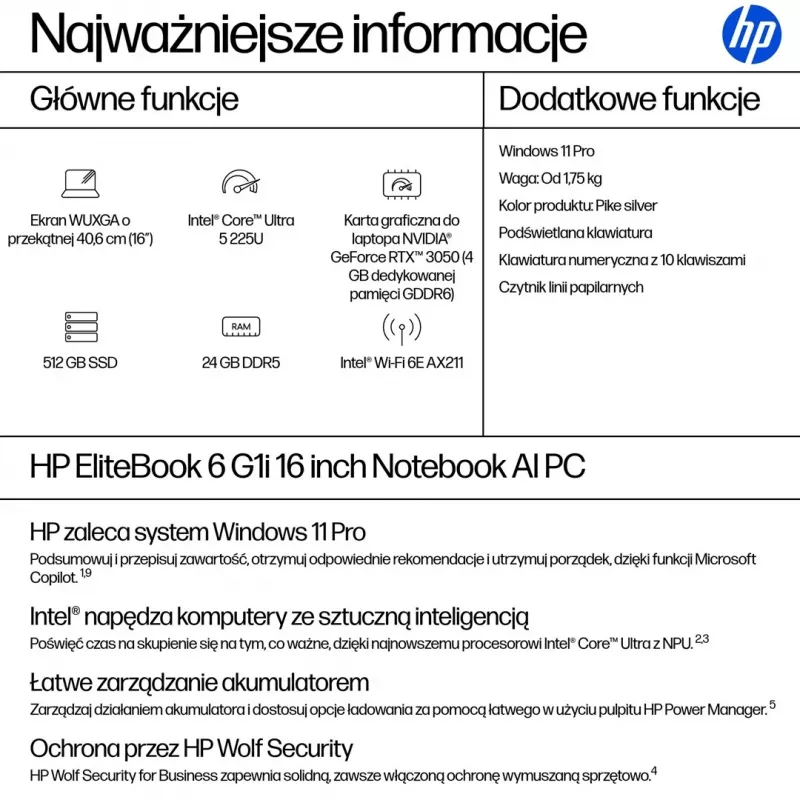 HP EliteBook 6 G1i Ultra 5 225U 16.0WUXGA IPS 300nits AG 24GB DDR5 5600 SSD512 Arc Cam 5Mpx 56Wh W11Pro Pike hõbedane alumiinium 3Y OnSite