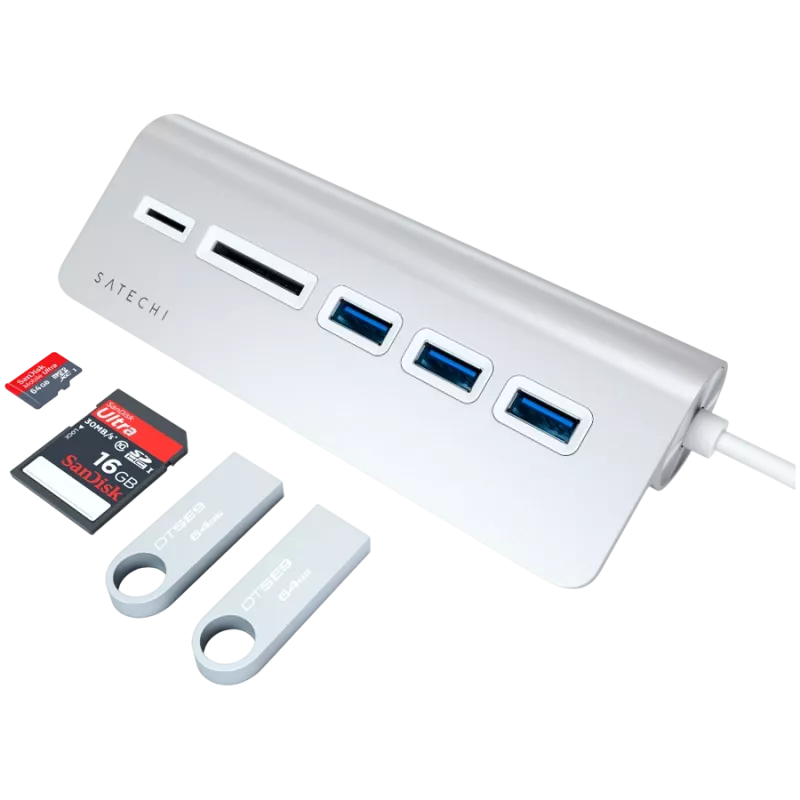 Satechi Type-C Alumiiniumist USB-jaotur ja kaardilugeja, hõbedane, ST-TCHCRS
