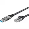 Ethernet-kaabel USB-A 3.2 Gen1 pistik > RJ-45 pistik, LAN-adapter must/hõbedane, 2 meetrit, punutud tekstiilümbrisega
