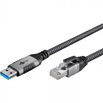 Ethernet-kaabel USB-A 3.2 Gen1 pistik > RJ-45 pistik, LAN-adapter must/hõbedane, 2 meetrit, punutud tekstiilümbrisega