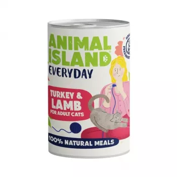 Märg kassitoit Animal Island Everyday kalkuni ja lambalihaga 400 g — täiskasvanute täisväärtuslik dieet, valk 11,1%, rasv 5,3%, niiskus 78,8%
