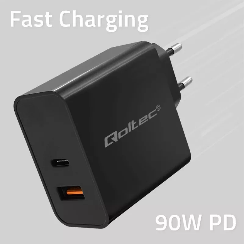 Qoltec 52381 Super Quick PD laadija | 1xUSB-C | 1xUSB | 90W | 5-20V | 2.4-4.35A | Must