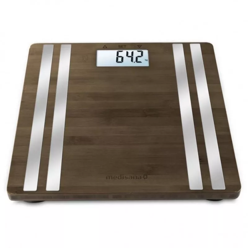 Elektrooniline isiklik kaal Medisana BS 552 — hõbedane bambuspealispinnaga, max 180 kg, 100 g täpsus, Bluetooth, KMI, keha koostis