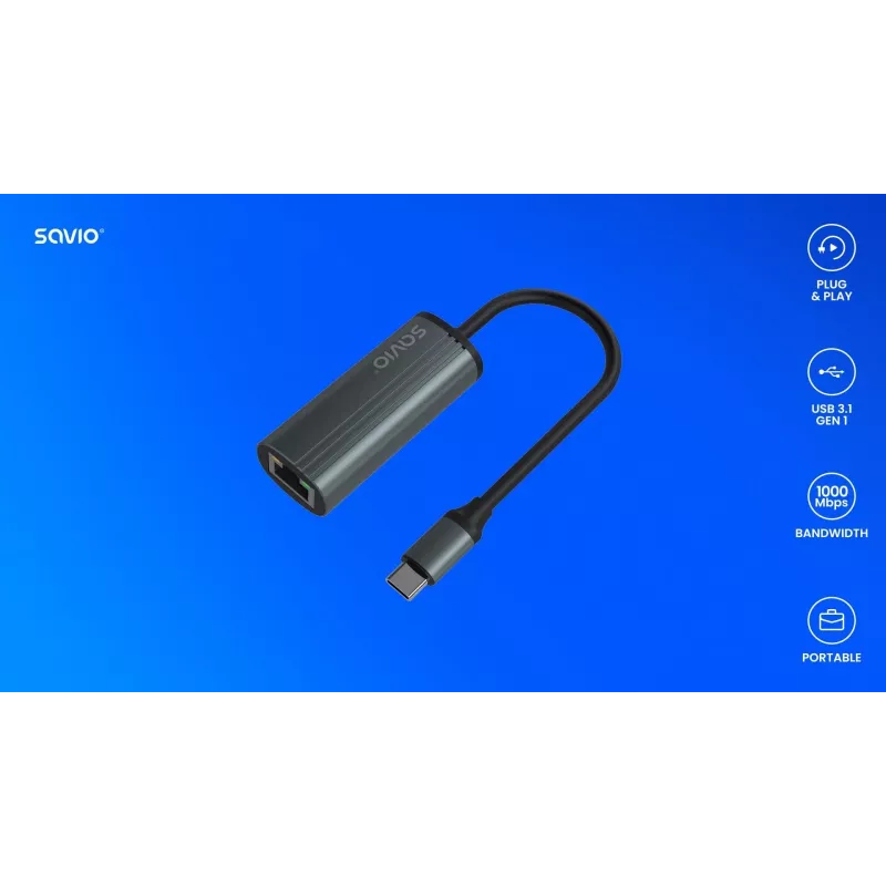 SAVIO Adapter USB-C 3.1 Gen.1 (M) RJ-45 Gigabit Ethernet (F), 1000 Mbps, AK-56, hall